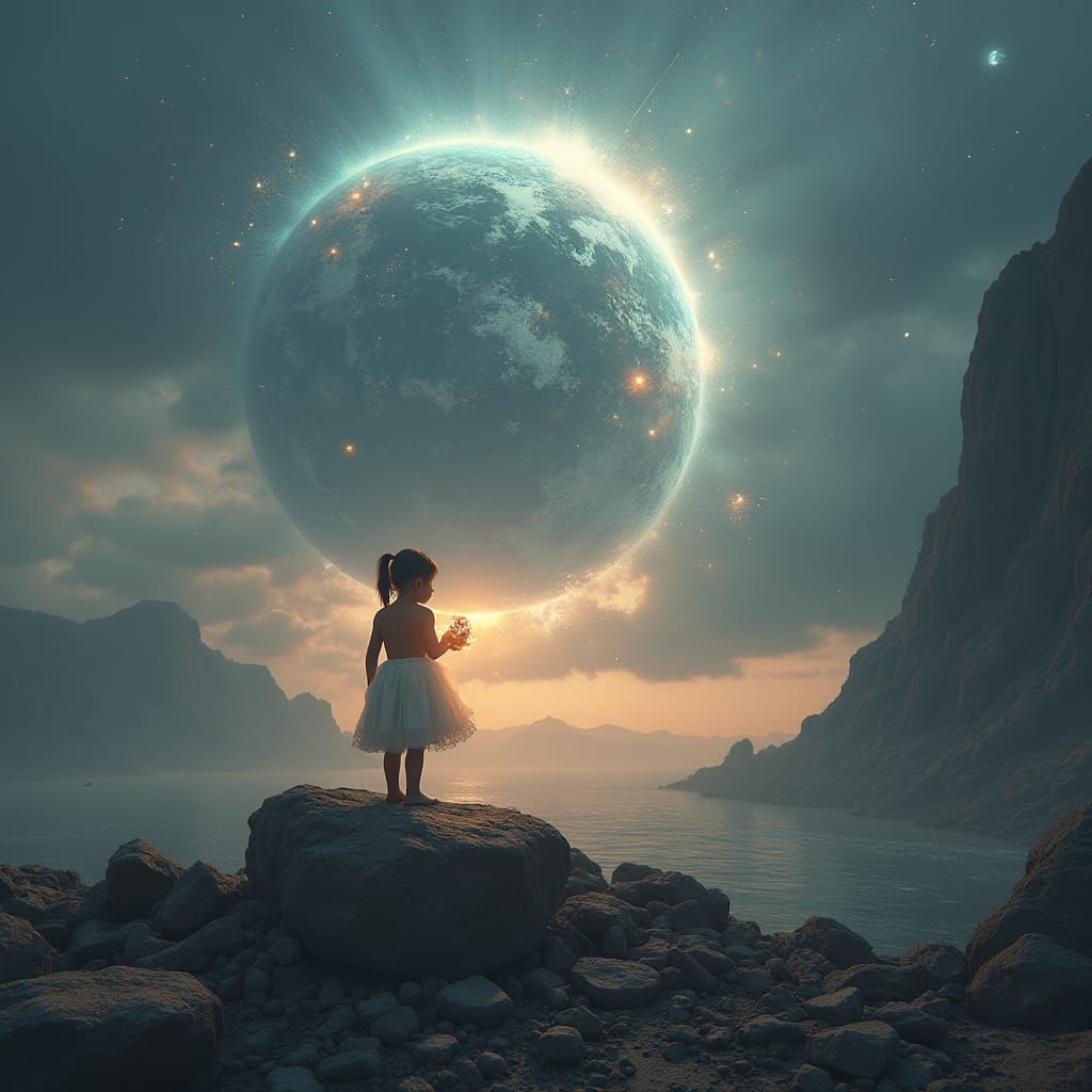 Child Witnessing Earth's End in Cosmic Fracture