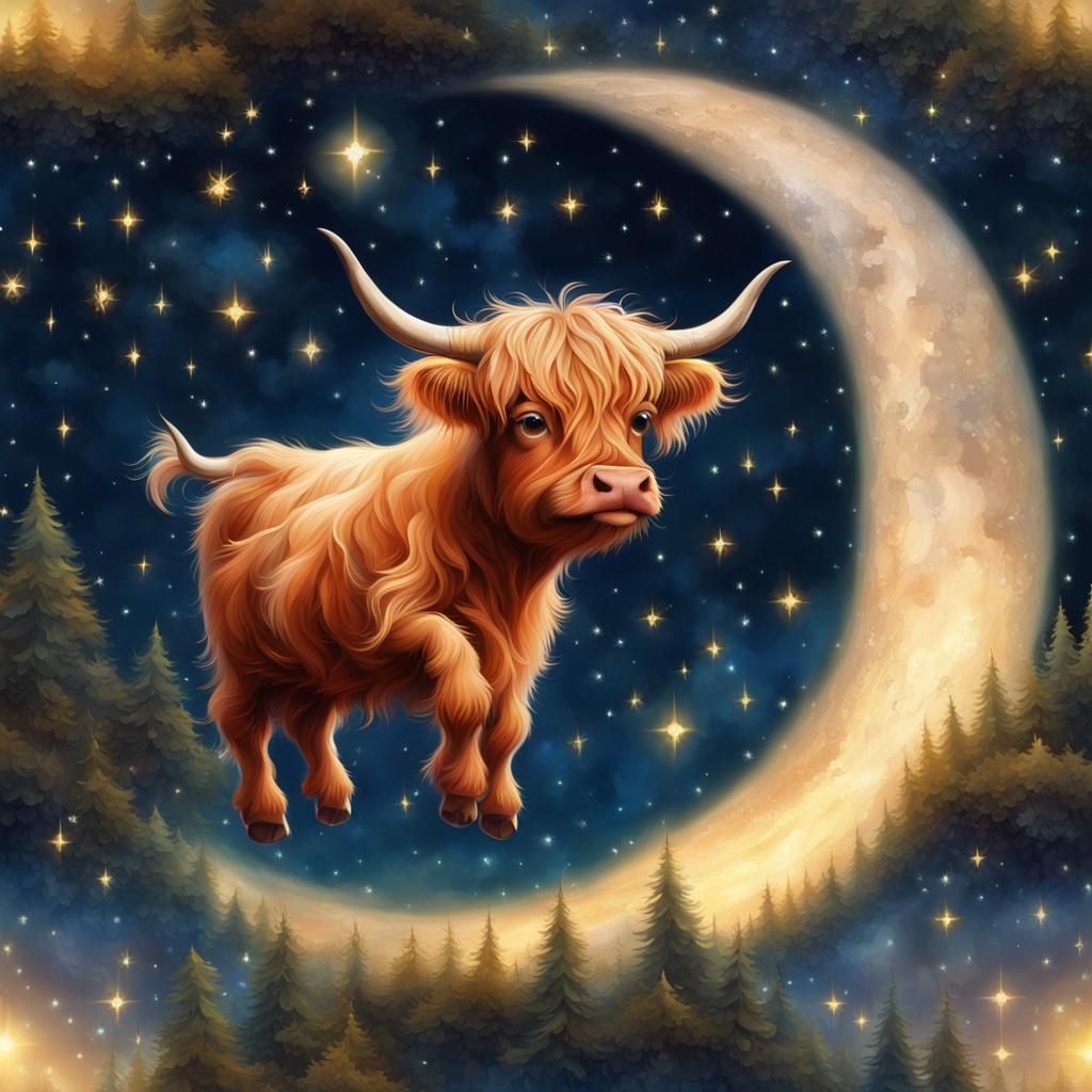 Chibi Highland Cow Leaps Over Moon