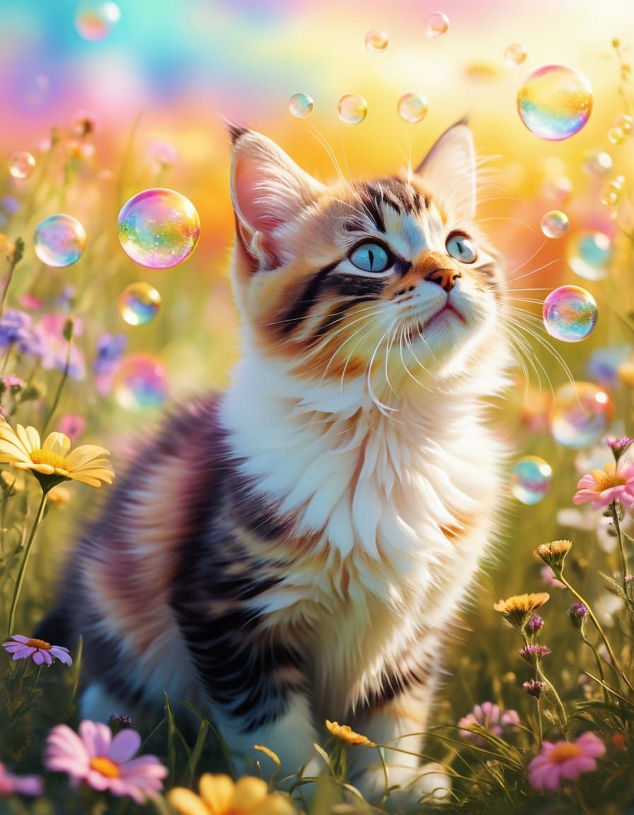 Joyful Kitten Playing in a Dreamy Fauvist Meadow