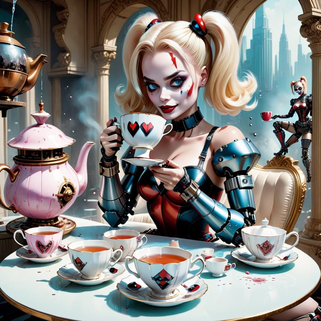 Margot Robbie as mechanical (robot) barbie as harley quinn d...