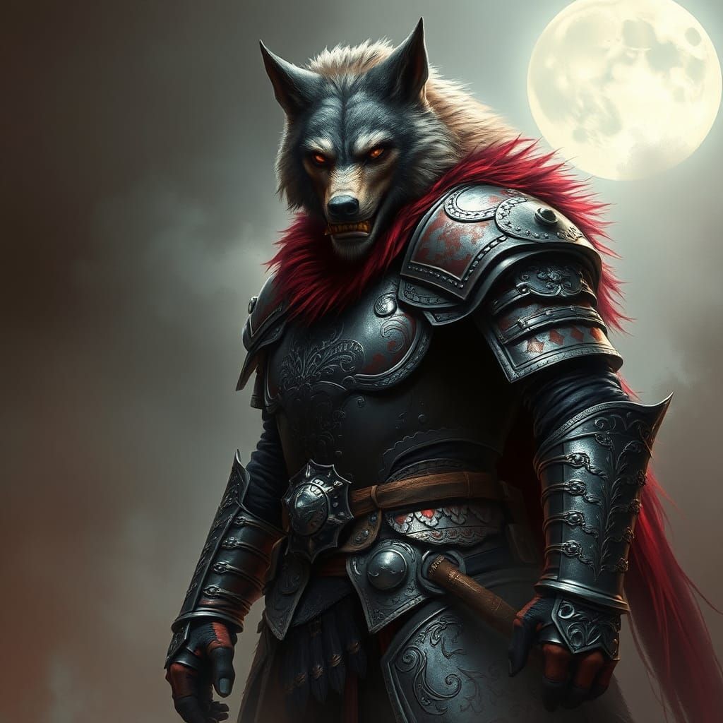 Armored Werewolf in Fog: Dark Fantasy Illustration