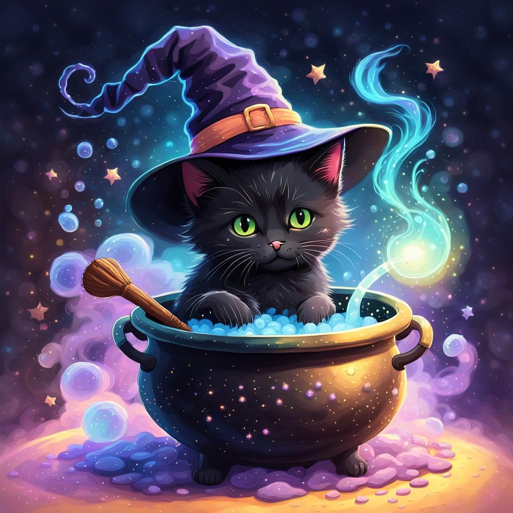 Whimsical Kitten Brews Potion in Fantasy Illustration