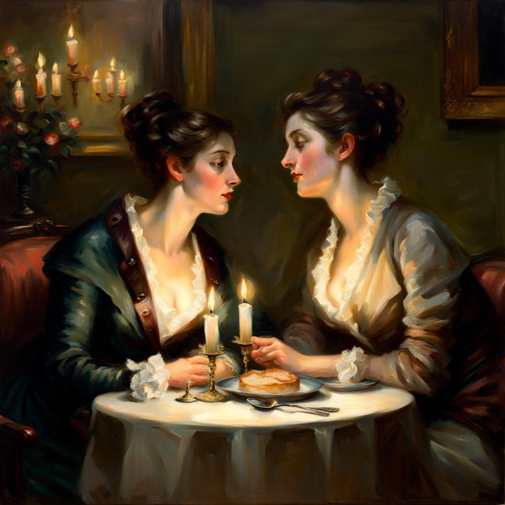 Lesbian Couple's Romantic Candlelit Dinner: Rococo Painting