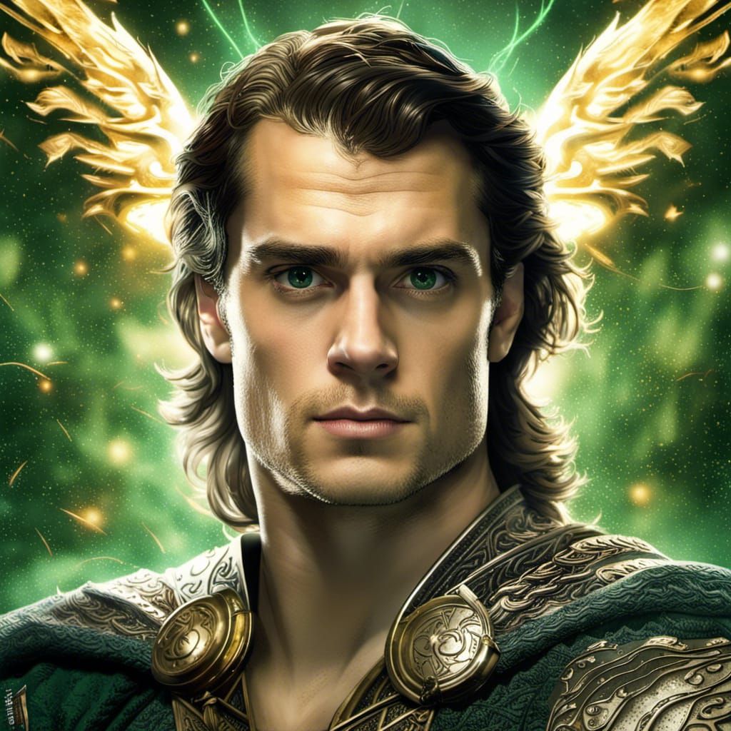 young teenage long hair Henry Cavill with green eyes as Harry Potter of Asgard framed by silver-white-gold Phoenix flame...