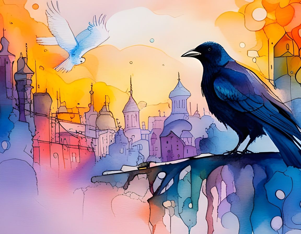 Crow and Dove Slow Dancing in Fog, Watercolor Art