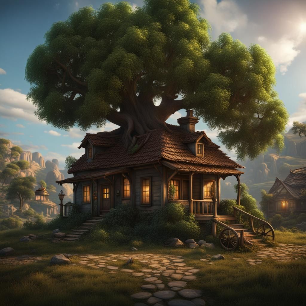 Idyllic House Scene in Matte Painting Style