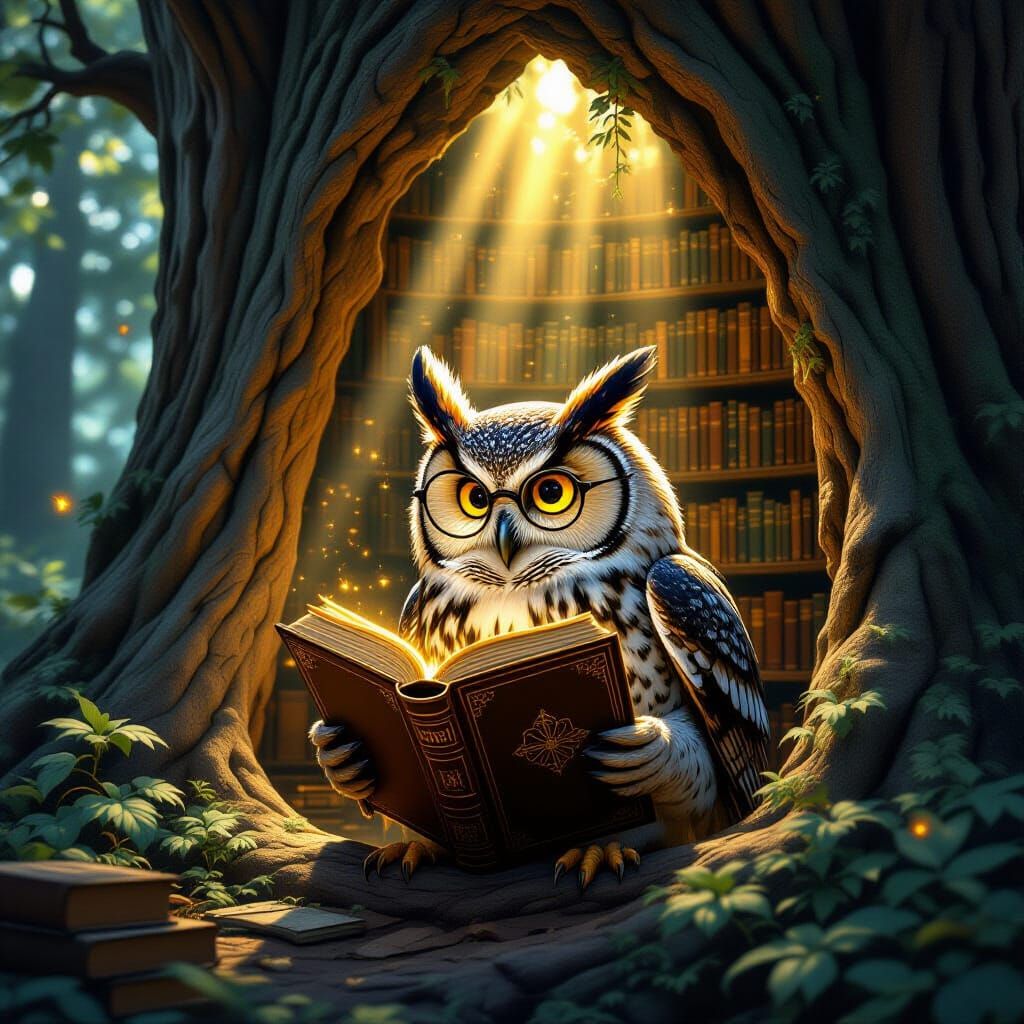 Wise Owl Reads Ancient Tome in Redwood Library