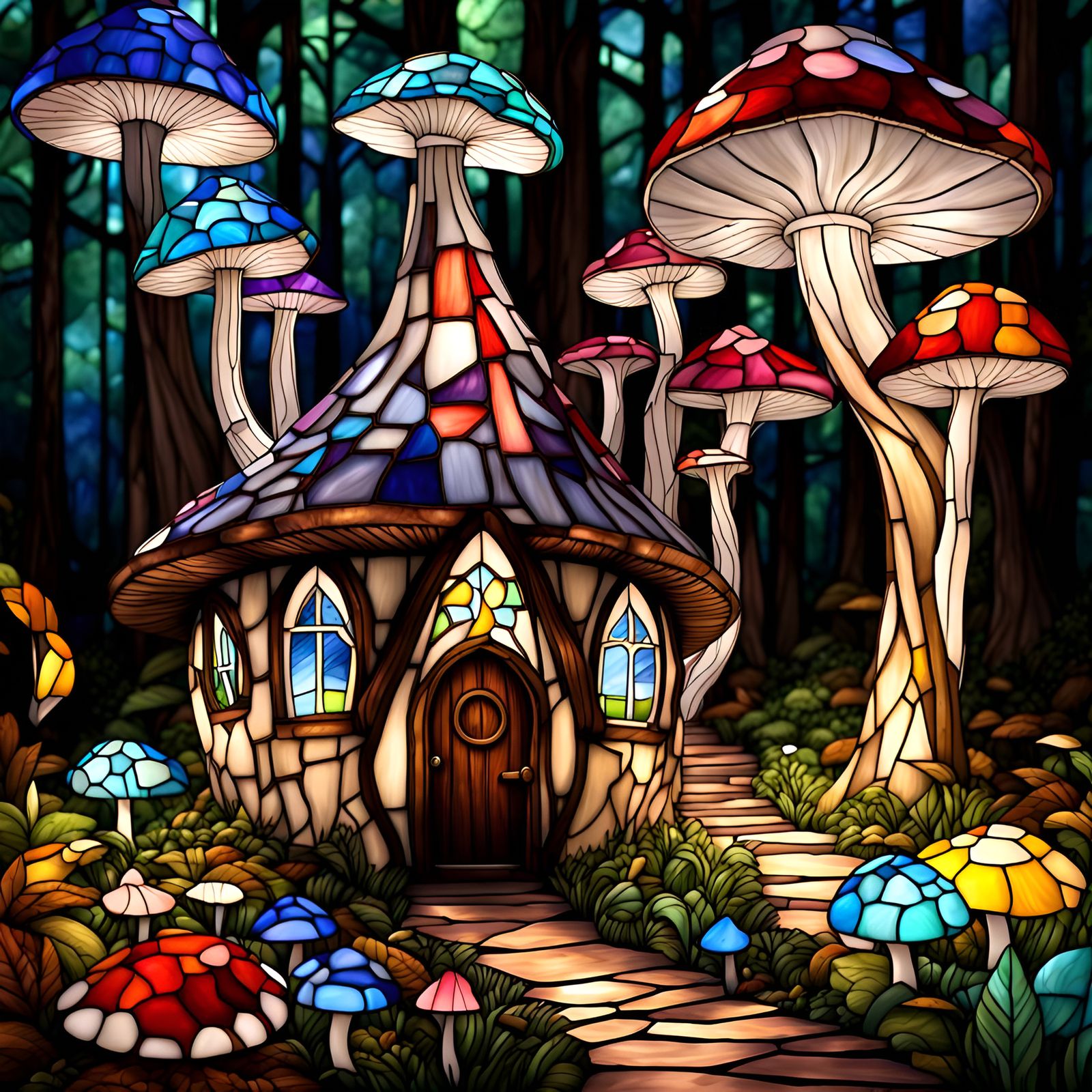 Path, Colorful beautiful stained glass fairy house in the middle of a stained glass mushroom forest