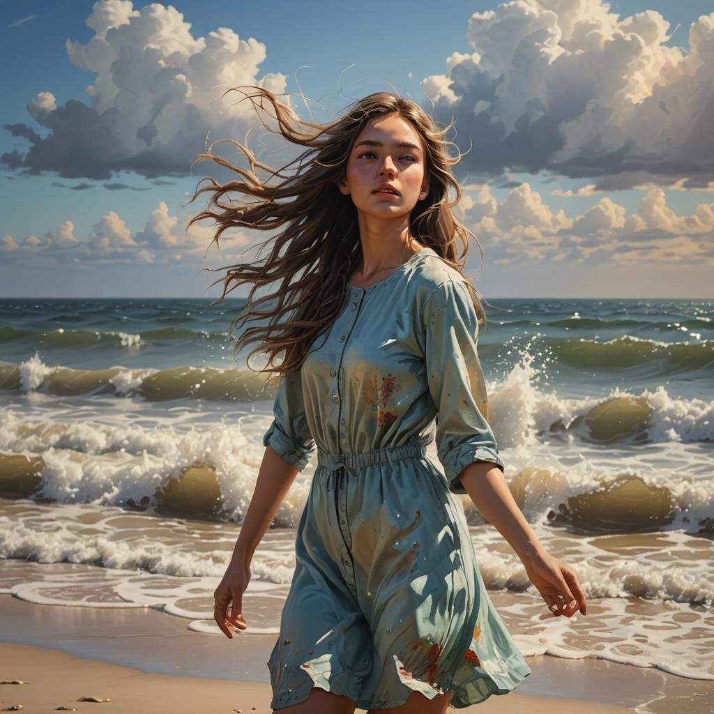 Girl on Windy Shore: Hyperrealistic Splash Art