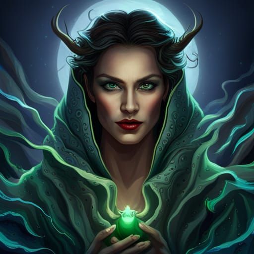 Horned Devil Witch with Glowing Orb Wand