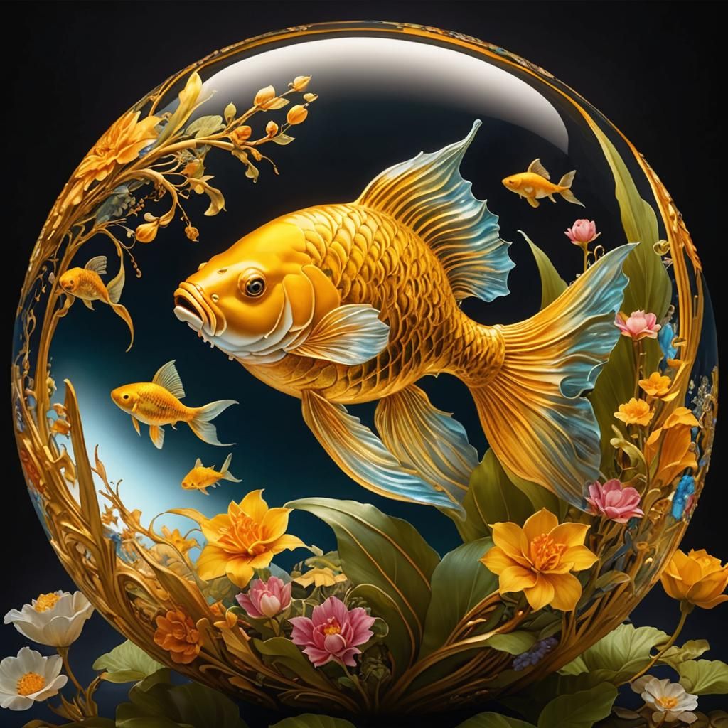 Golden Koi Fish in Glass Sphere, Art Nouveau