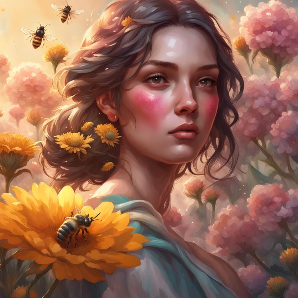 Girl with Bee on Flower, Hyperdetailed Portrait