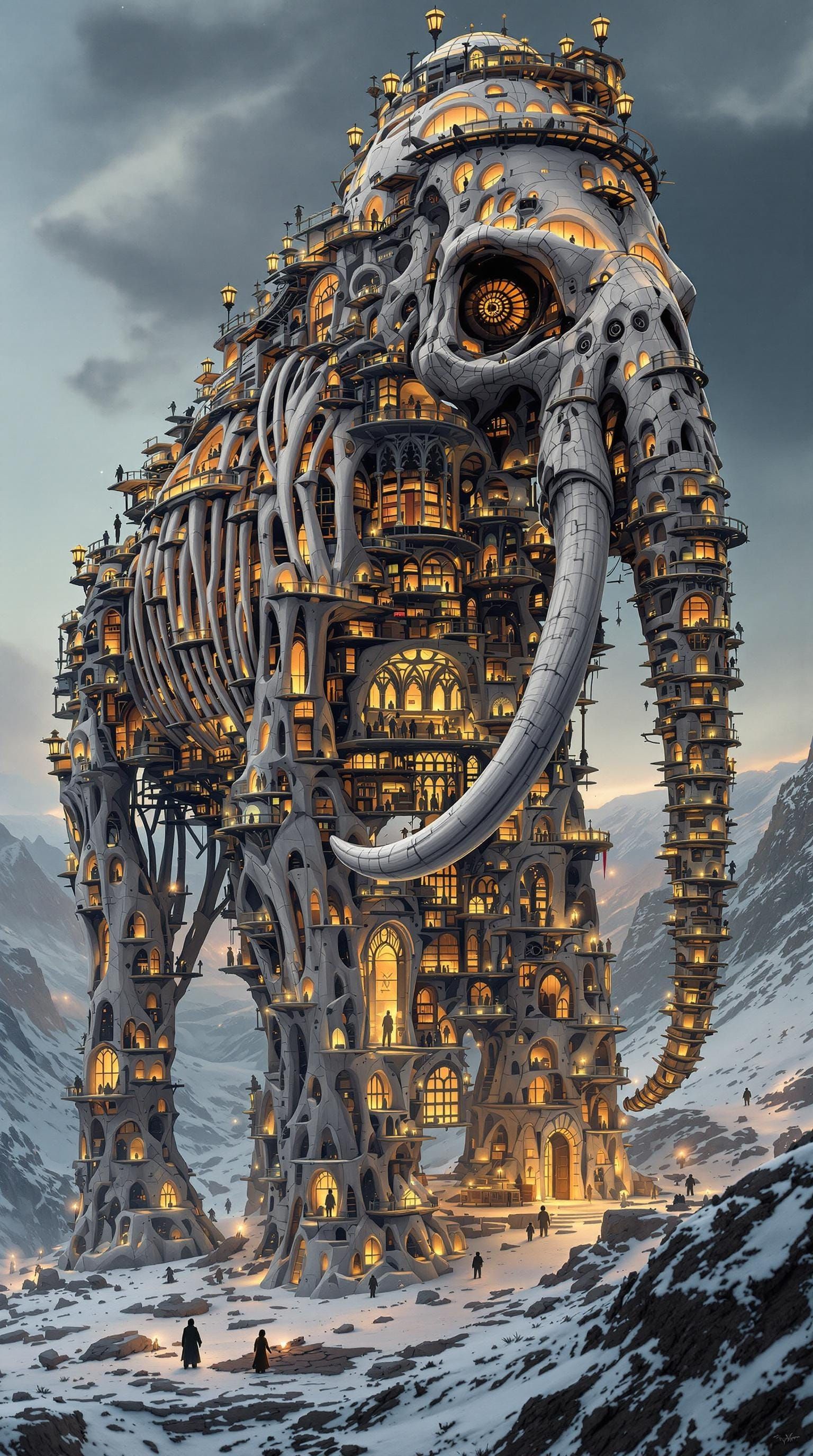 Miniature Wandering Library Amidst Mammoth Remains in Hyper-...