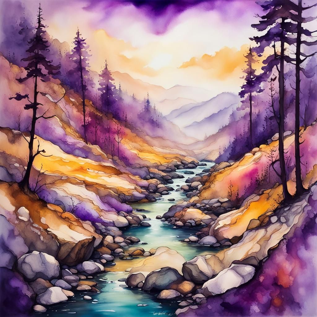Vivid Wooded Valley with Golden Light, Alcohol Ink Art