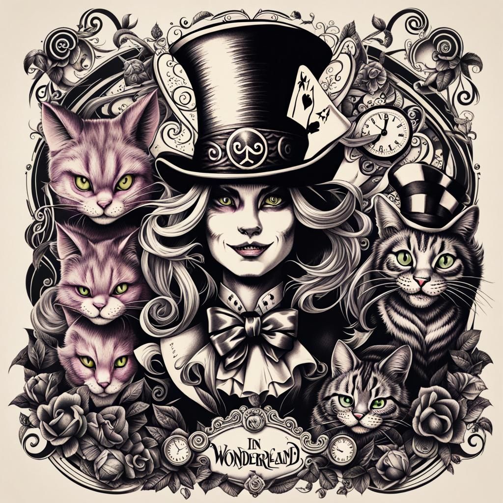 Alice in Wonderland Tattoo Art: Mad Hatter and Cheshire Cat