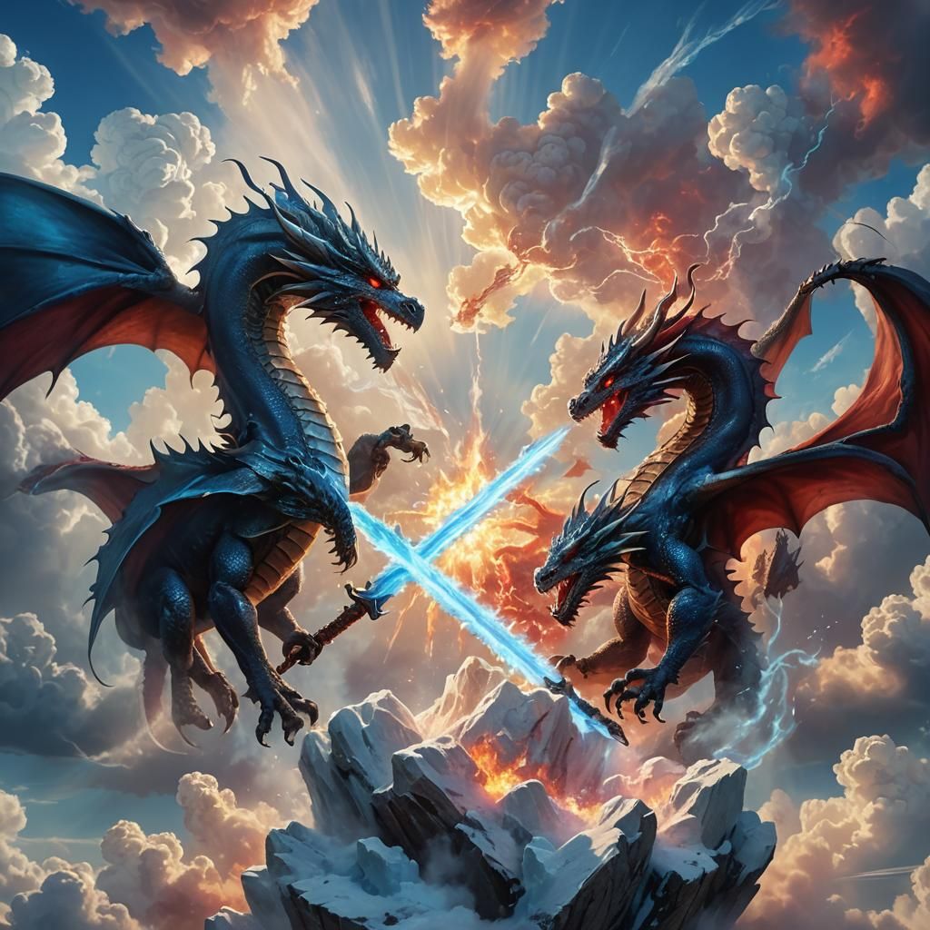Dragons Clash Creating Ice Sword in Fiery Sky