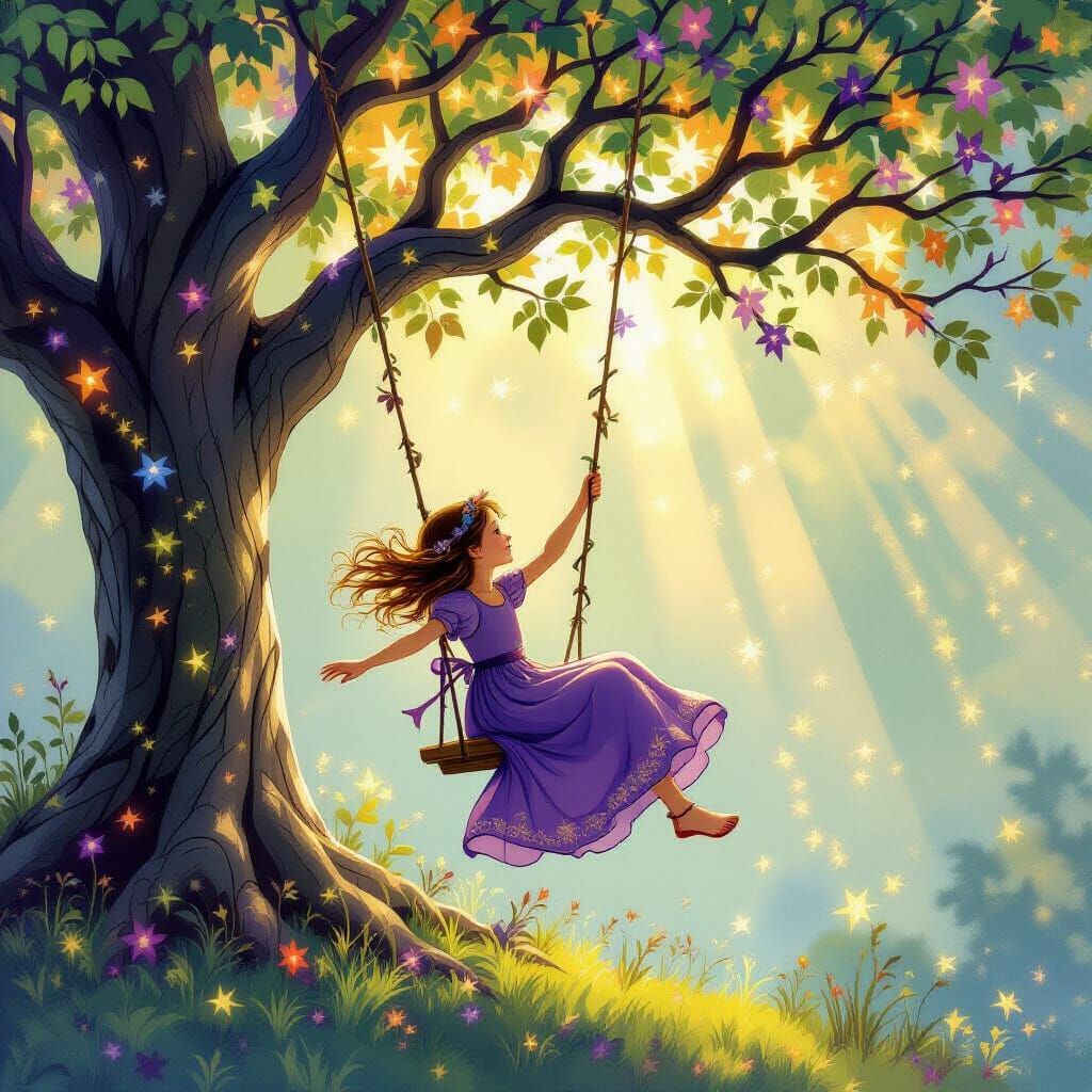 Girl Swinging on Magical Glowing Tree Branches