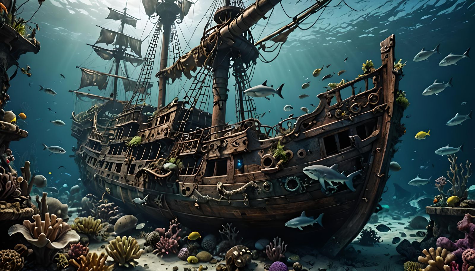 Underwater Pirate Ship Wreck in Hyperrealistic Style