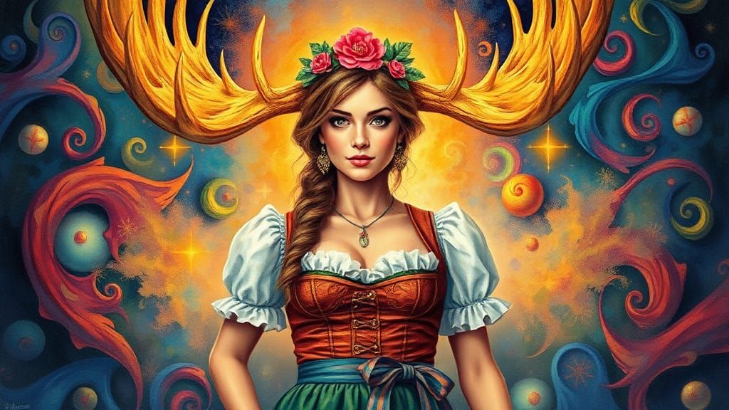 Oktoberfest Woman with Moose Antlers in Psychedelic Art