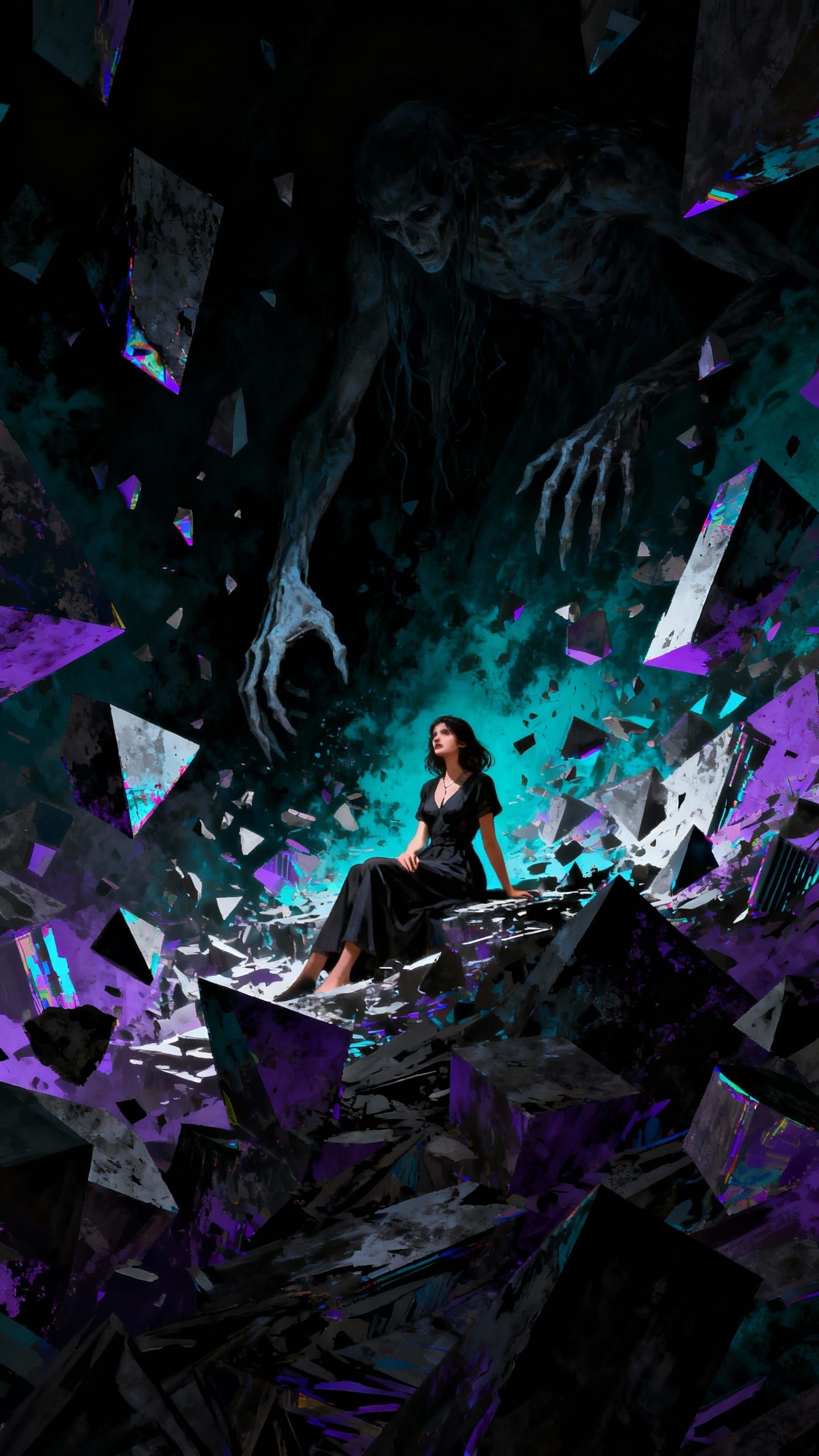 Unfazed Woman in Glitchy Nightmare with Lurking Shadow