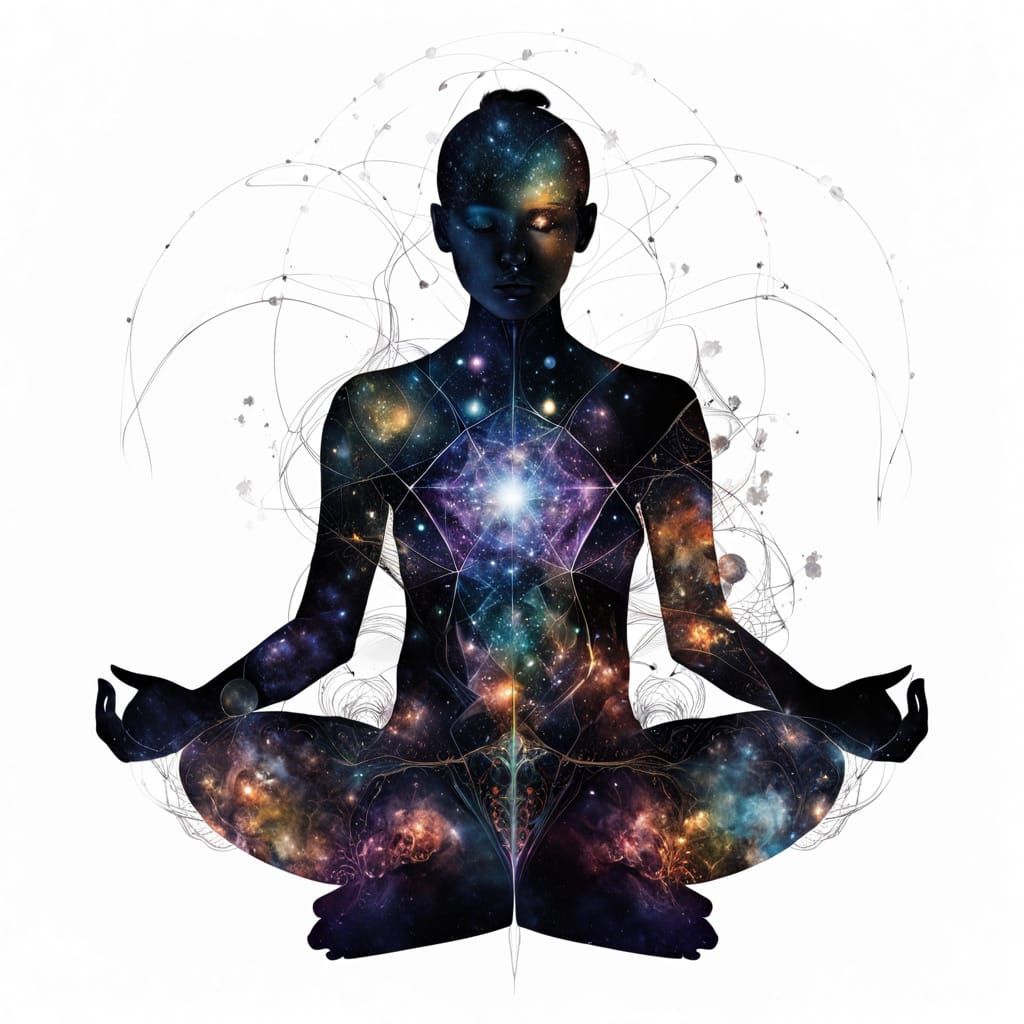 Meditating Figure in White Space with Bioluminescence