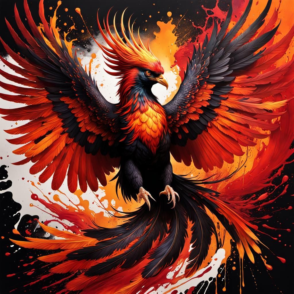 Ink Splatter Phoenix in Hyperrealistic Splash Art