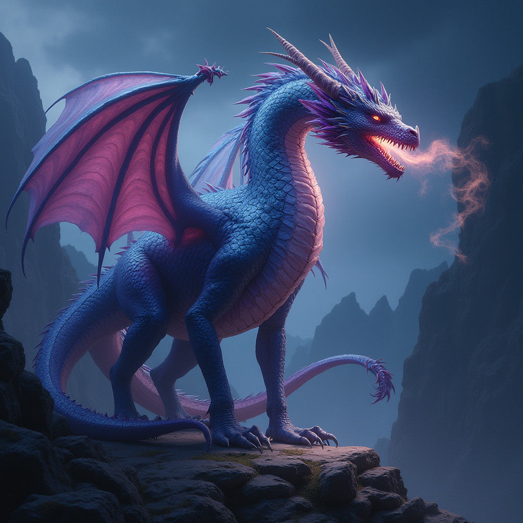 Iridescent Dragon on Ominous Mountain Landscape
