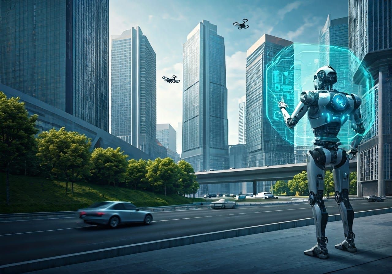 Cyberpunk Cityscape with Lifelike Robot and Holograms