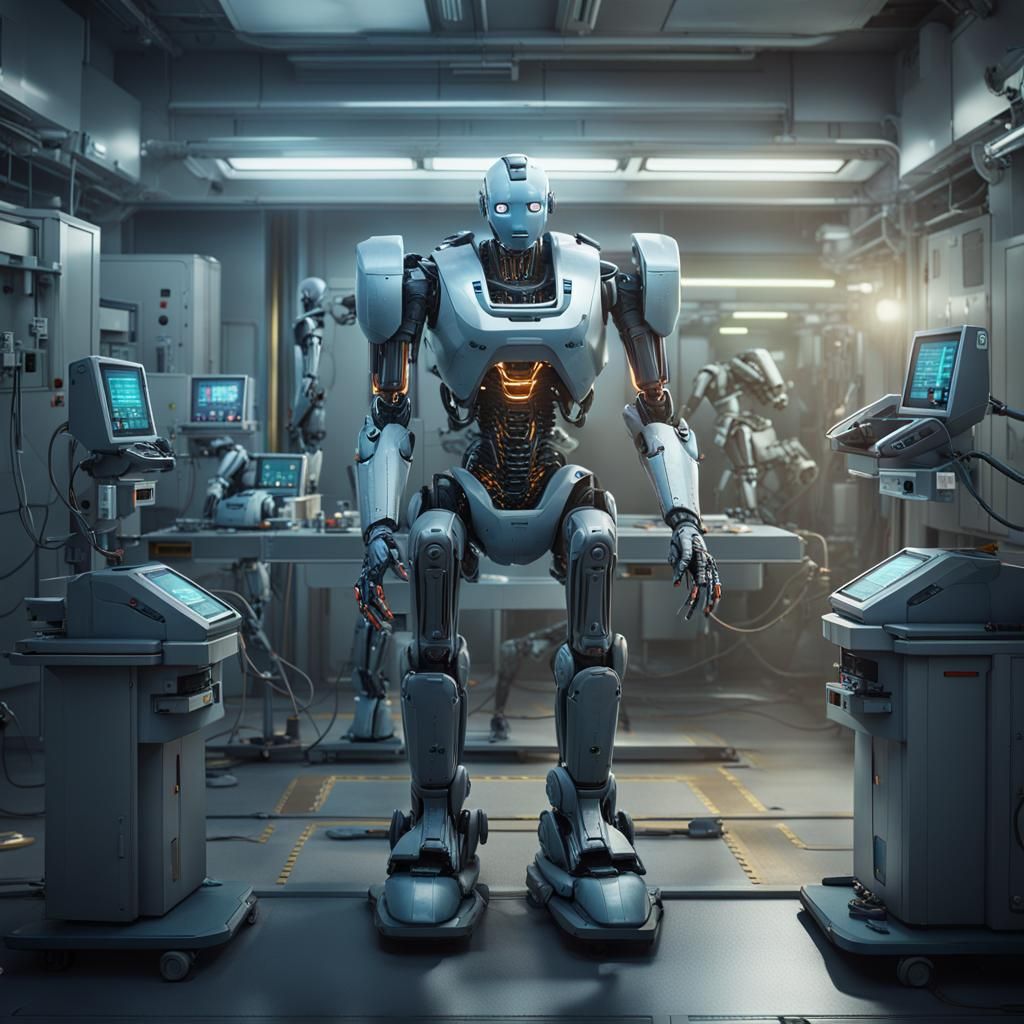 A picture of an advanced robot that looks like a human in the phase room and around other robots that help it in the ope...