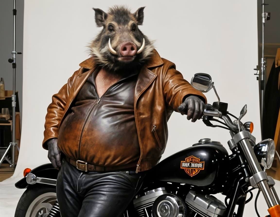 Boar Biker in Leather: Hyperrealistic Oil Painting