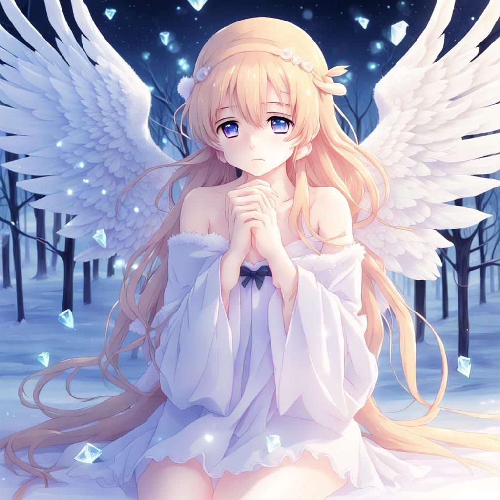Sad Angel Princess with Wings in Anime Style