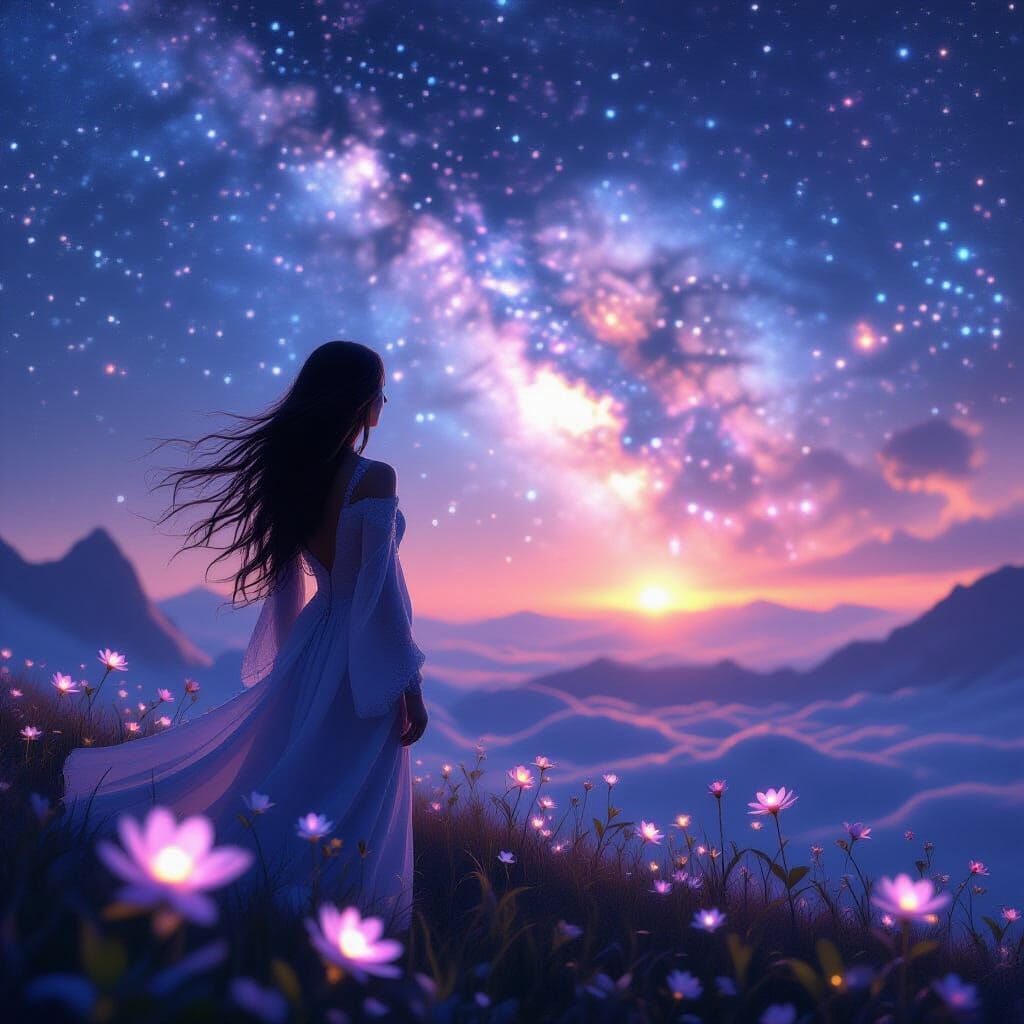 Ethereal Woman Gazing at Star-Dusted Nebula in Unreal Engine...