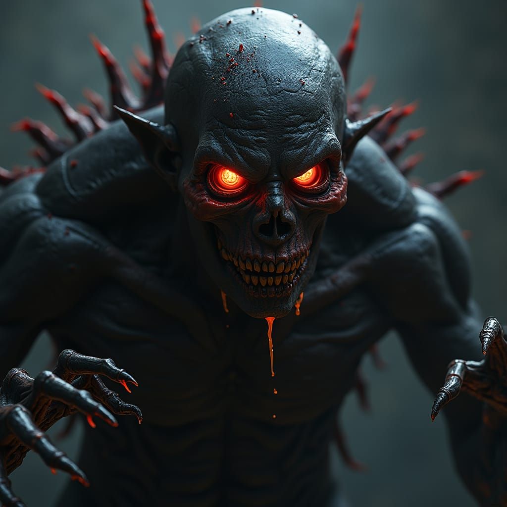 Dark Entity with Twisted Face and Glowing Orbs