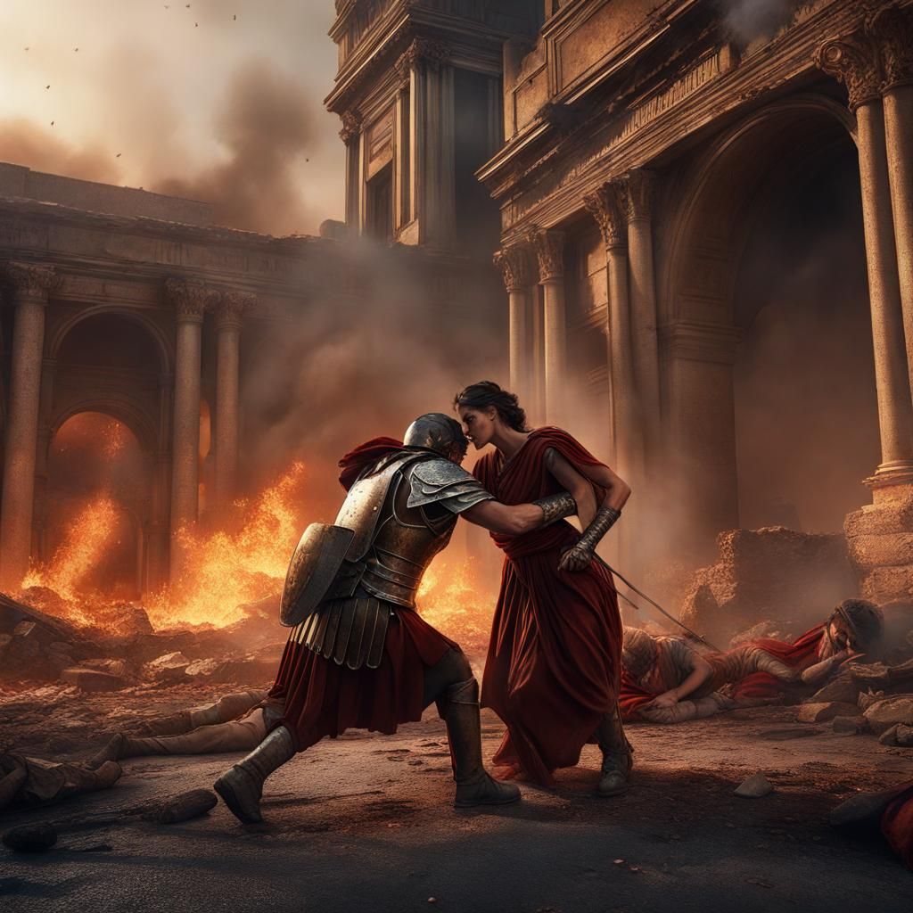 Roman Woman Rescuing Legionnaire in Burning City