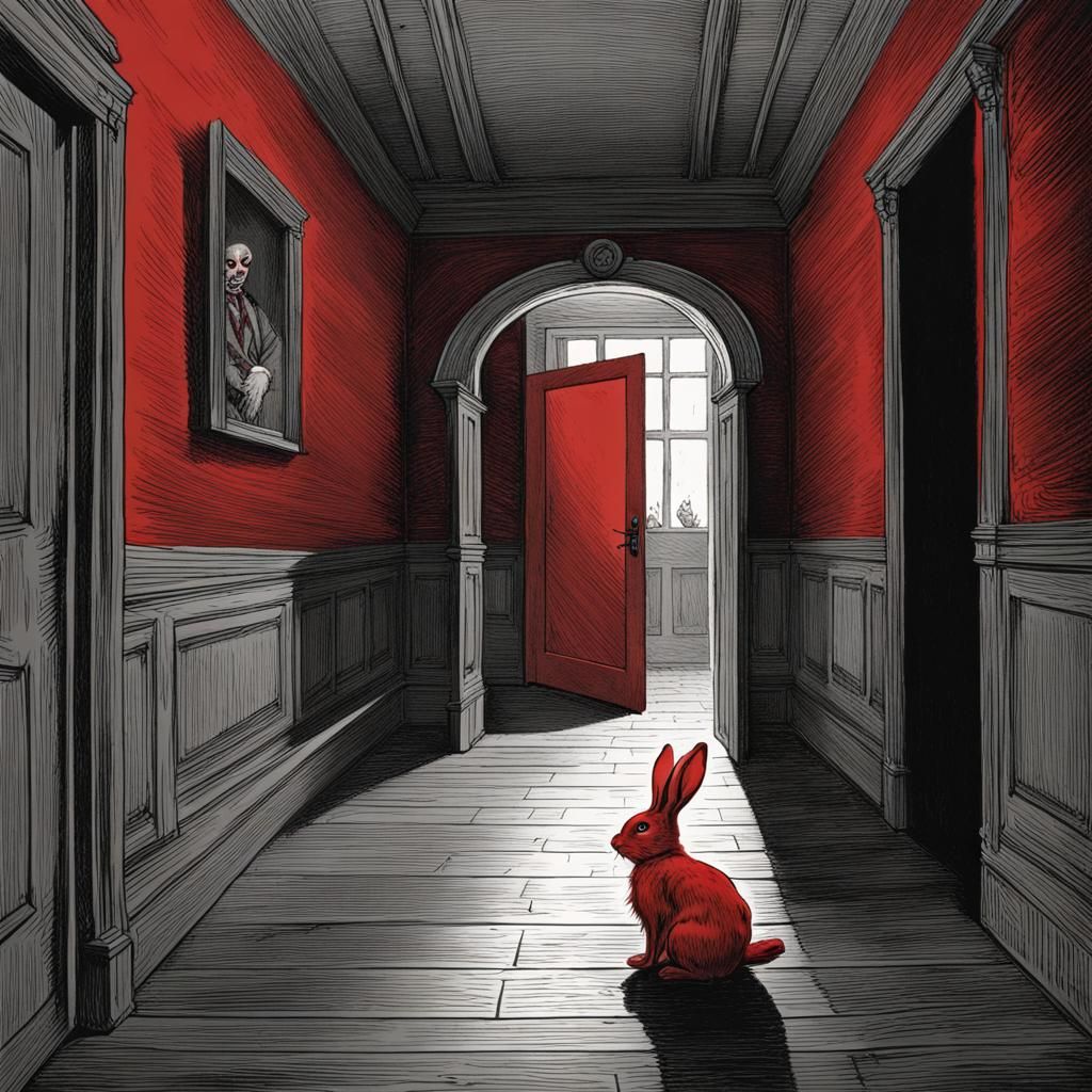 Red Bunny in a Gothic Horror Hallway