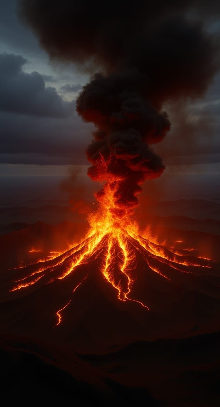 Smoldering Volcano Bird's-Eye View in Digital Art Style