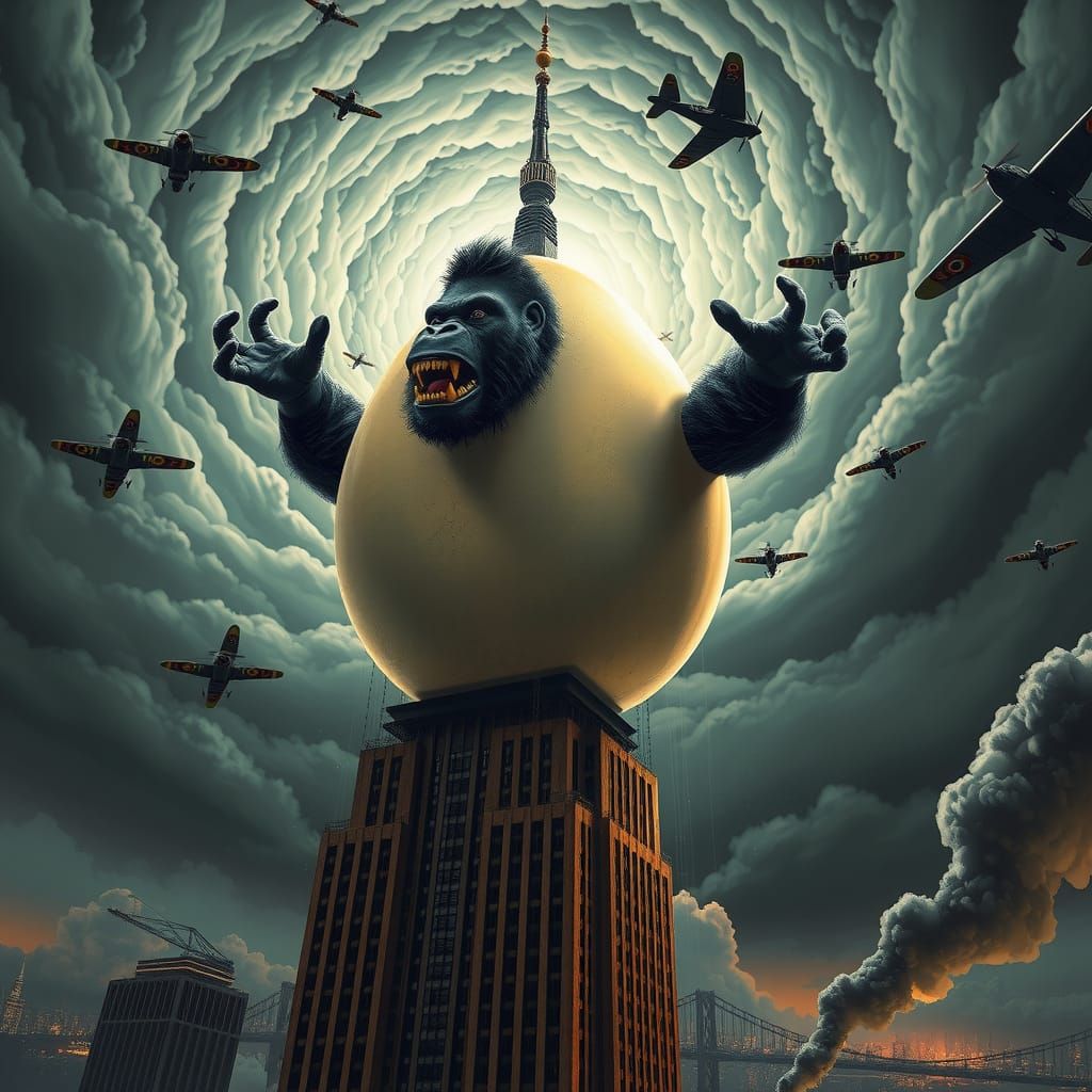 Gargantuan Egg with Gorilla Face Scares Vintage Biplanes ove...
