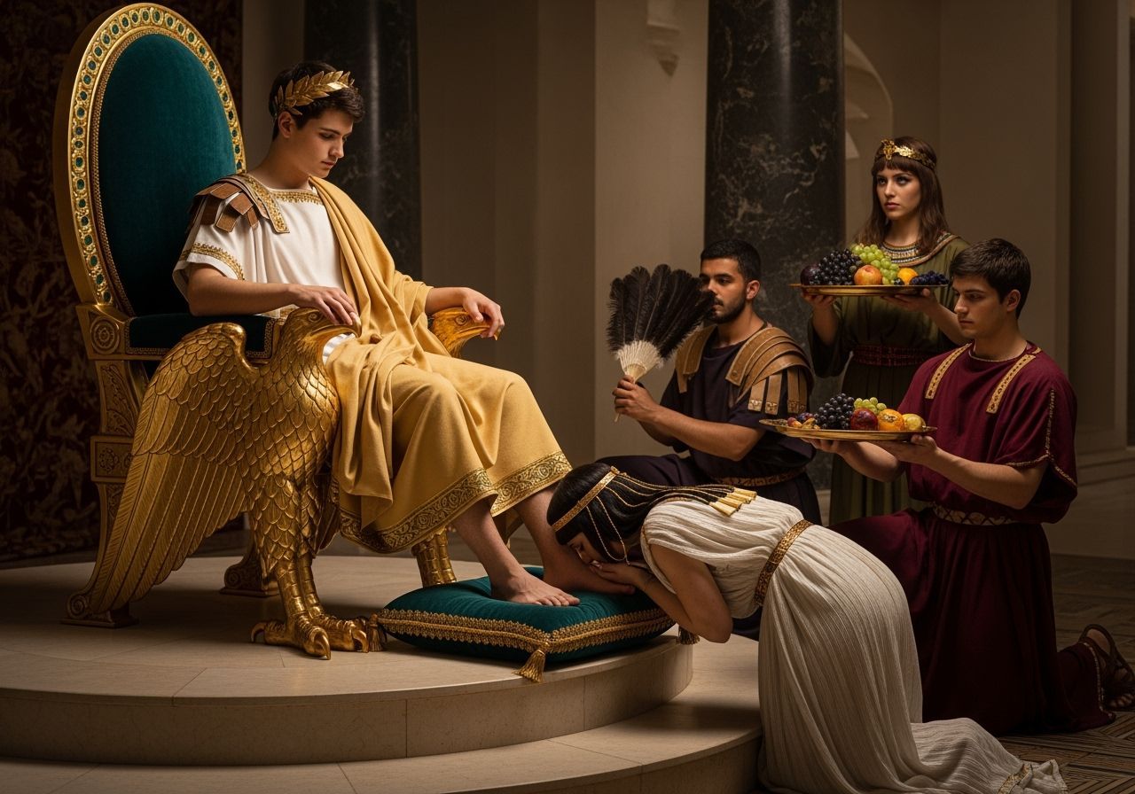 Barefoot Emperor on Eagle Throne in Lavish Palace