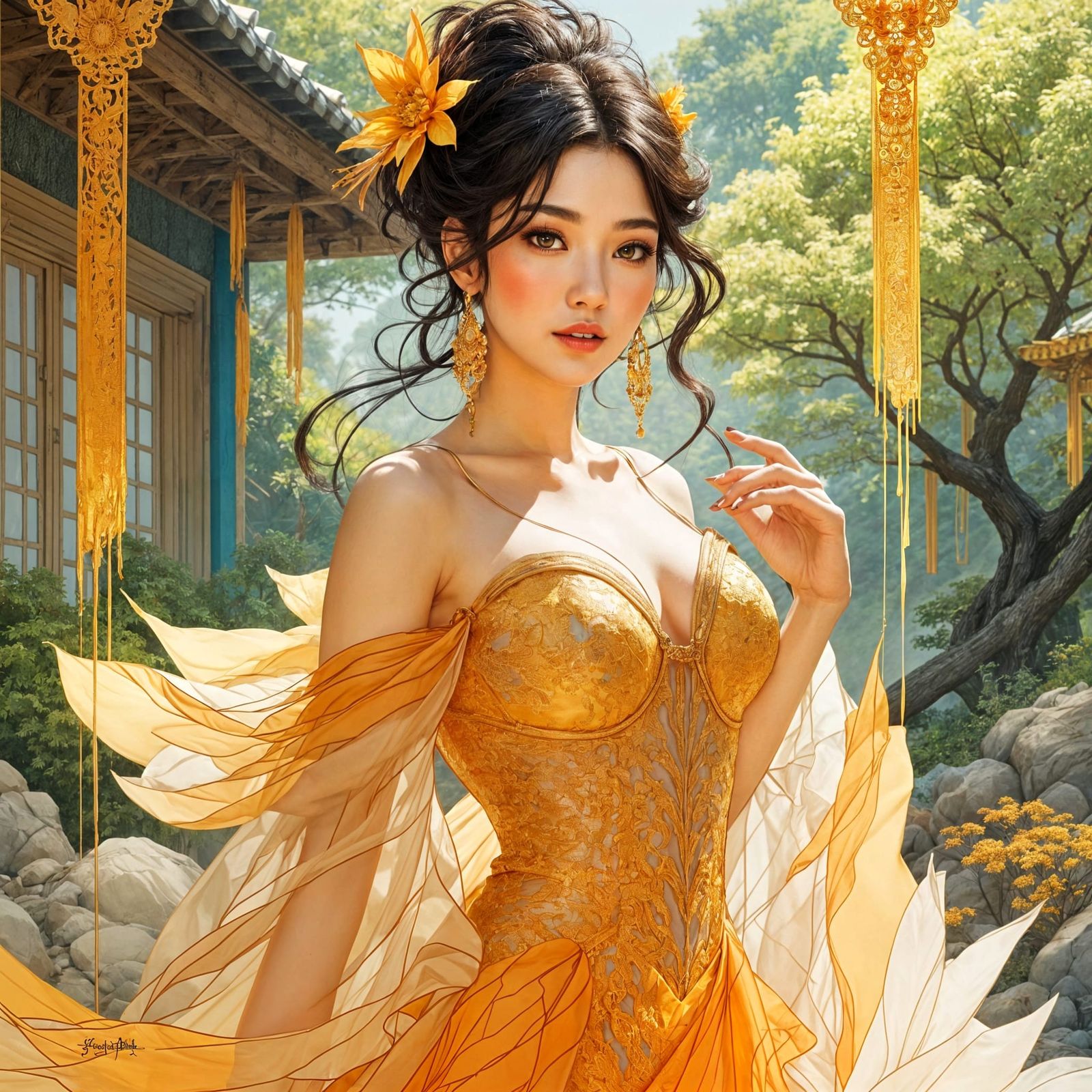 Elegant Korean Woman Wears Vibrant Yellow Dress