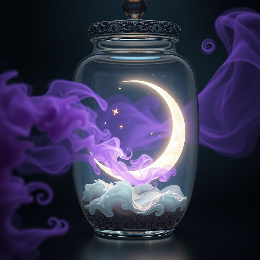 A crescent moon, stars and purple smoke & the sea inside a transparent jar