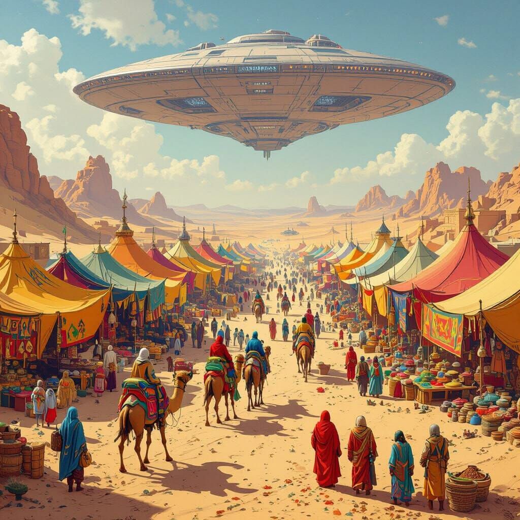 Exotic Desert Bazaar with Alien Merchants