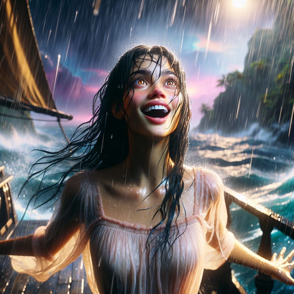 Girl Rejoices on Tropical Beach in Gothic Expressionism