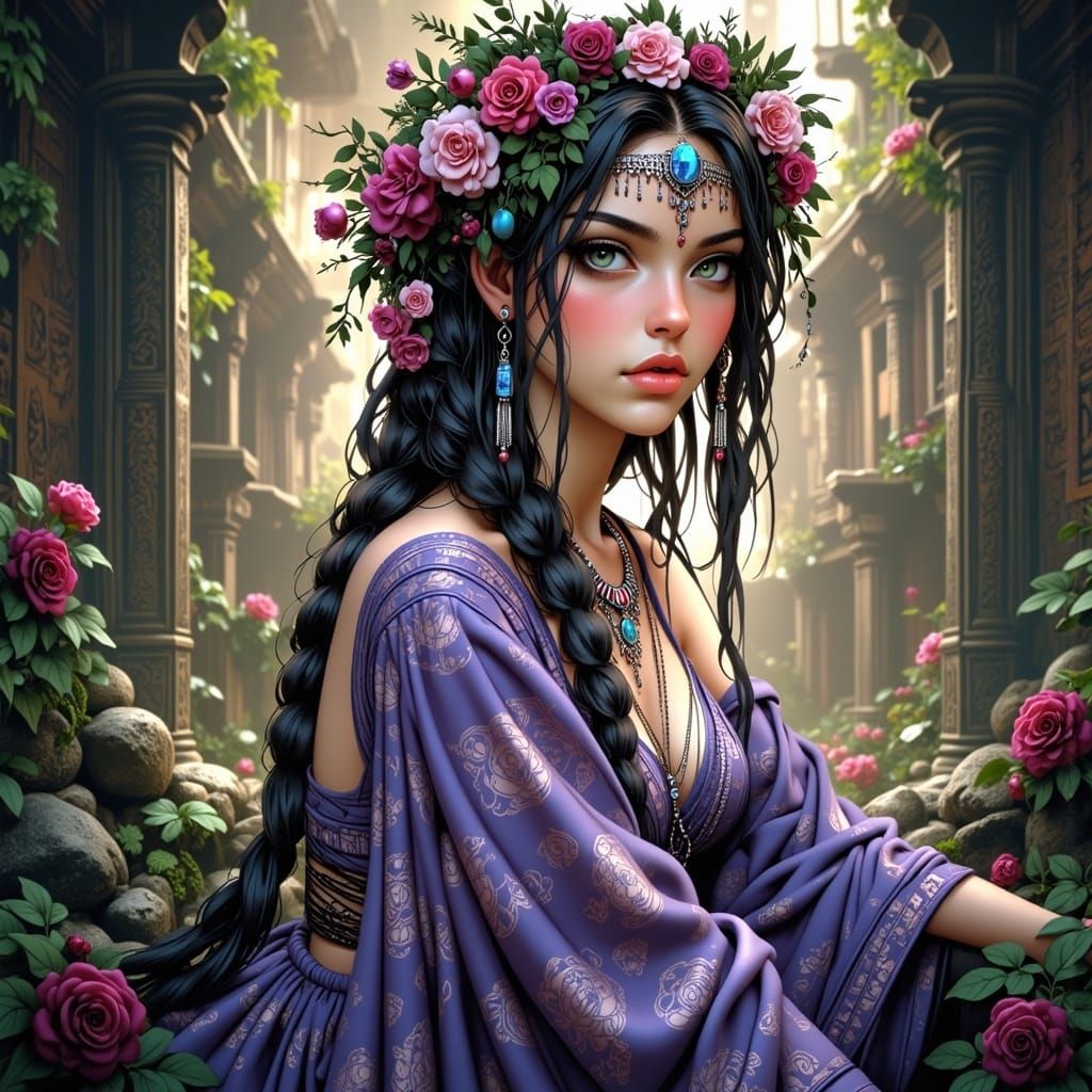 Mystical Asian Beauty in Temple Ruins: Digital Art