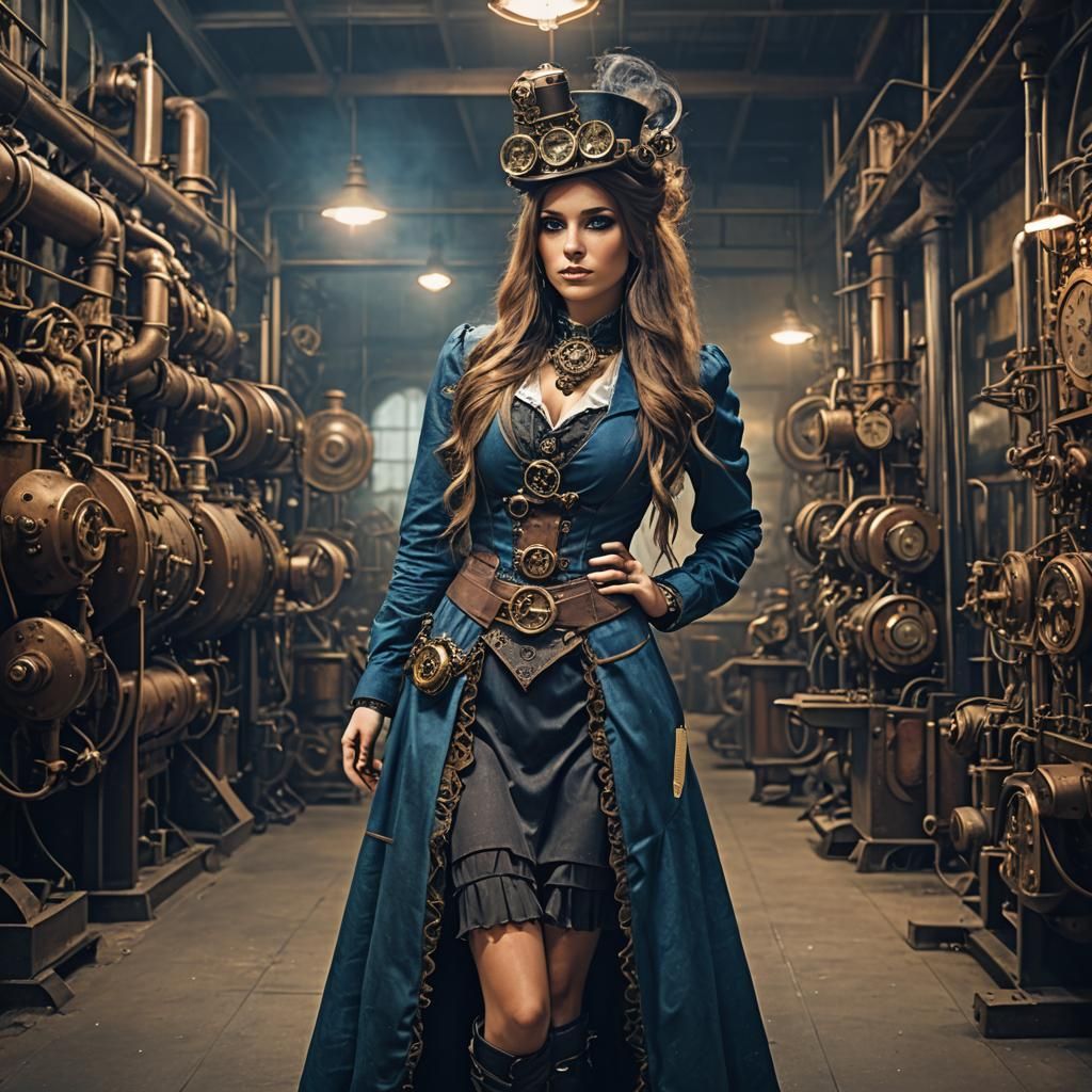 Steampunk Girl in Factory with Blue Dress