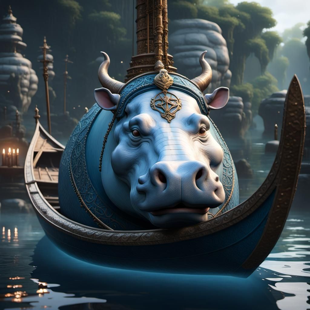 Blue Gondola with Hippo Head, Fantasy Art