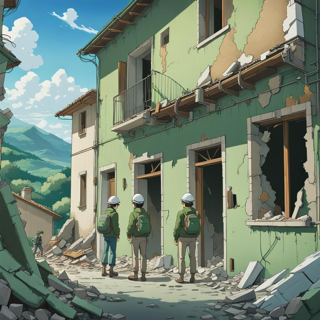 Geologists Inspect Earthquake Damage, Ghibli Style