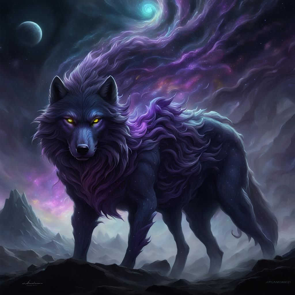 Nebula Wolf with Thousand Tails: Dark Fantasy Art