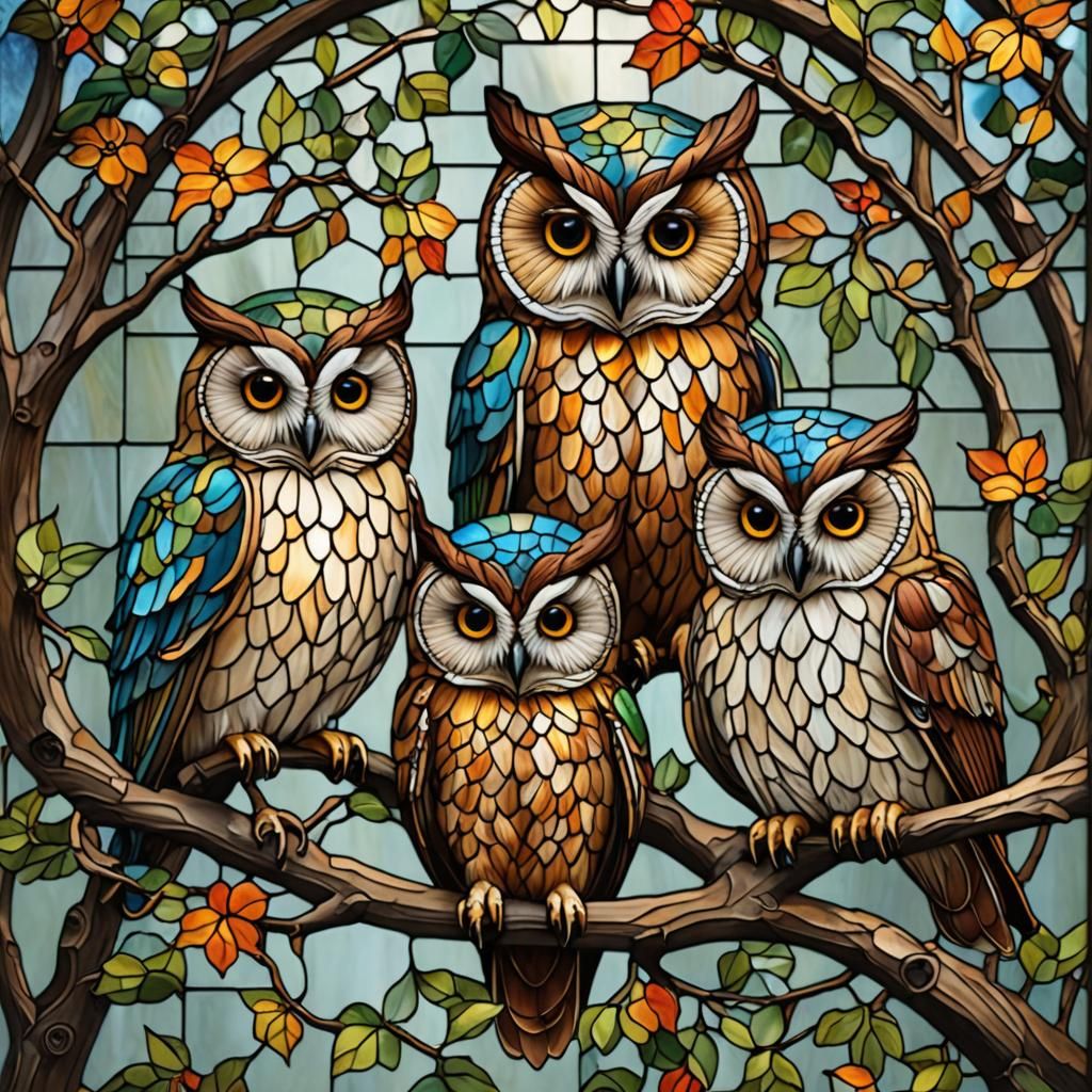 Colorful Fluffy Owls in Stained Glass Style