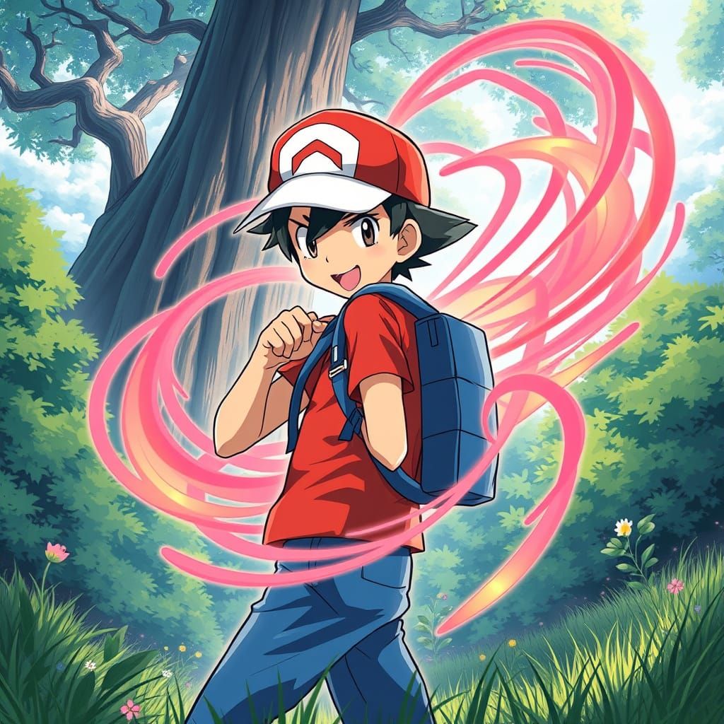 Anime-Inspired Ash Ketchum in Dynamic Pose with Pokémon Aura