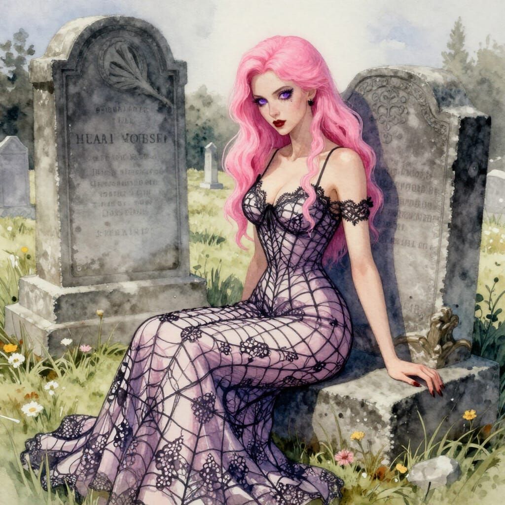 Watercolor Portrait of Pink Haired Woman on Tombstone